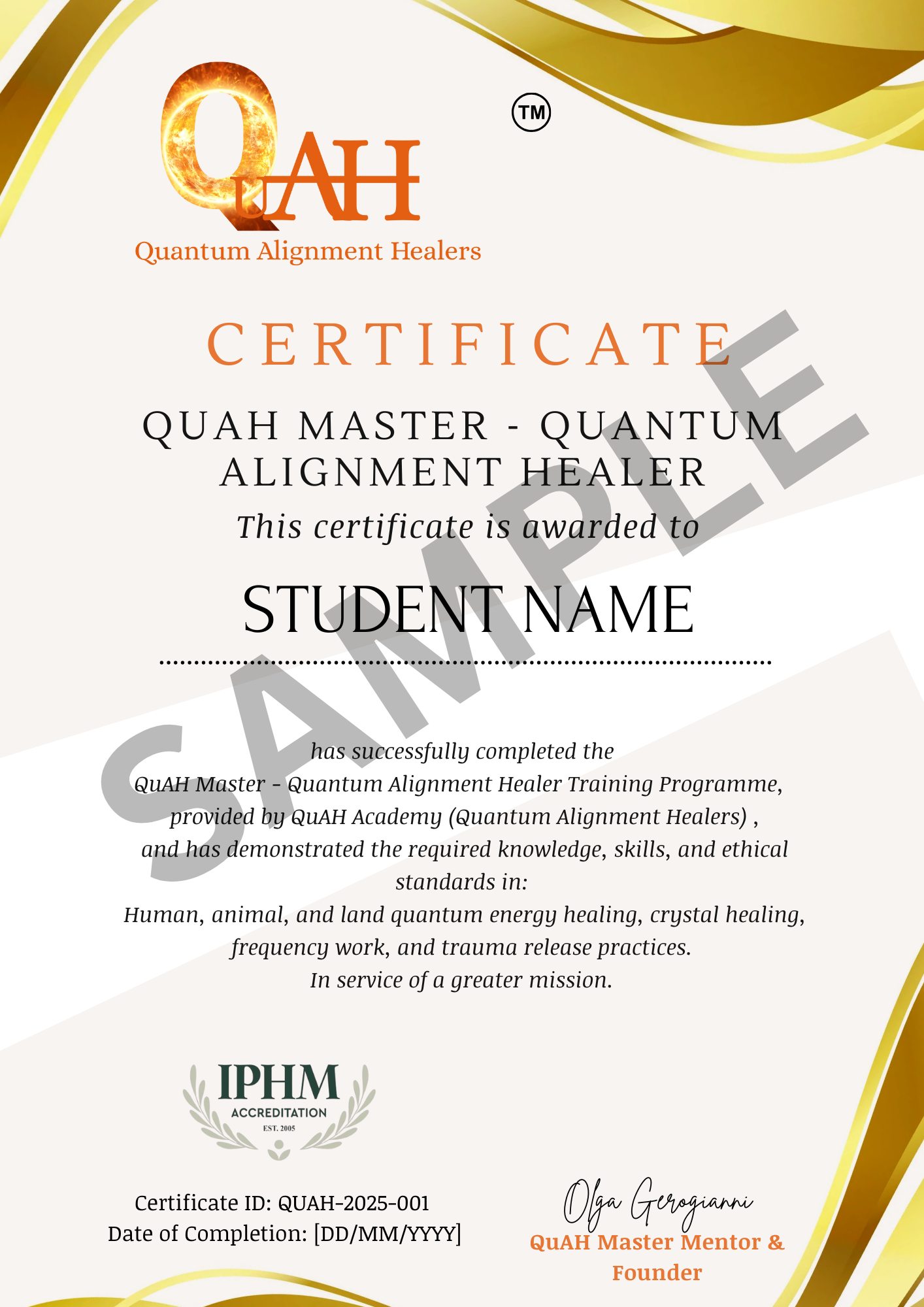 Quah Master Quantum Alignment Healer certificate with gold accents and branding.