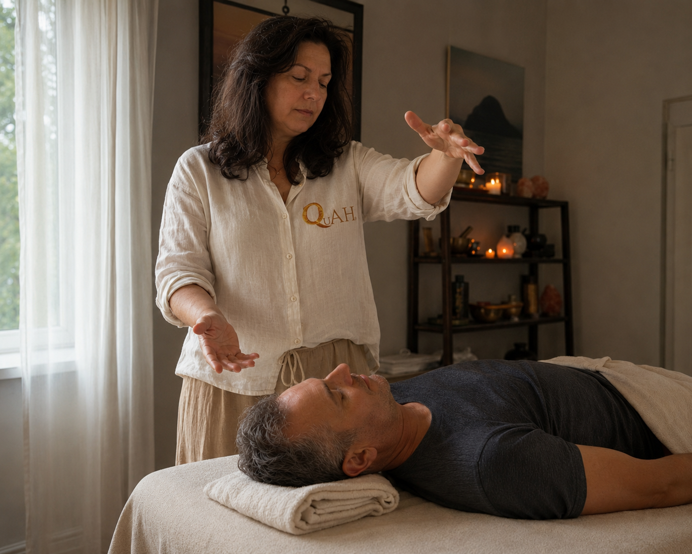 Woman performing healing on a man in a room with soft lighting. She is a QuAH practitioner