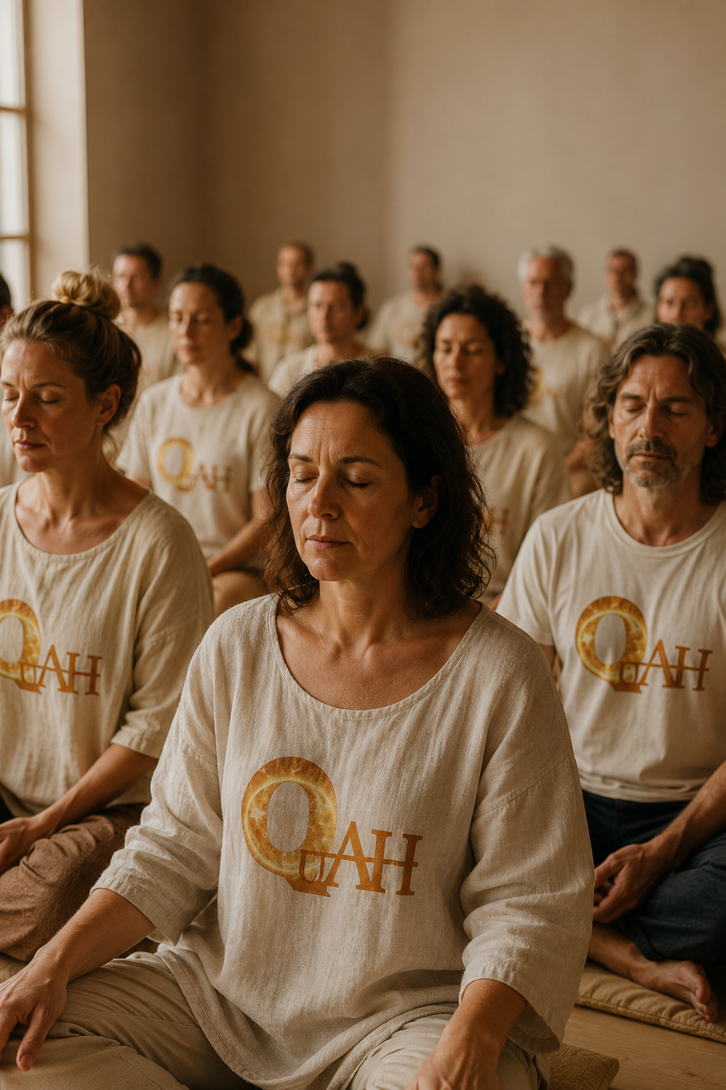 Group of healing practitioners sitting in a meditation session wearing white shirts with the QuAH Academy logo.