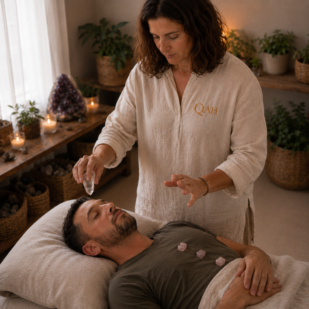 Woman performing a crystal healing or massage technique on a man in a serene setting with plants and candles. She is a QuAH practitioner