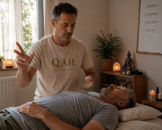 Man receiving energy healing from a QuAH practitioner in a room with plants and candles.