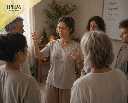 QuAH Master quantum healing training with students learning energy healing techniques.