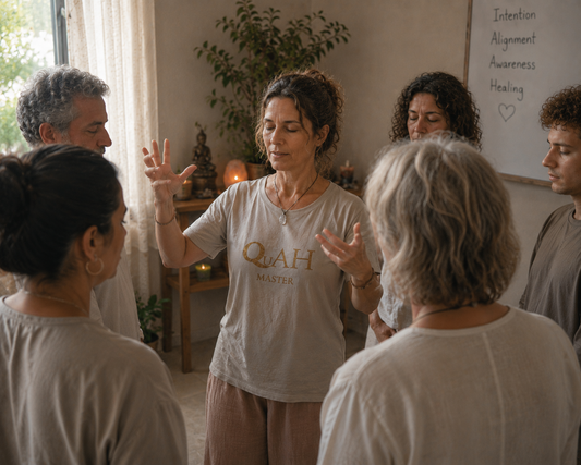 Woman in a white t-shirt with 'QuAH Master' text leading a group healing in a room with plants and a whiteboard.