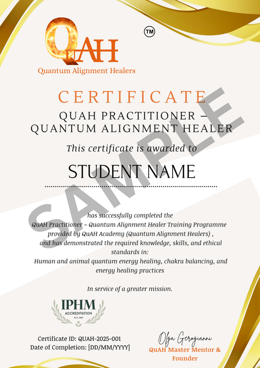 quantum healer certificate UK by QuAH Academy