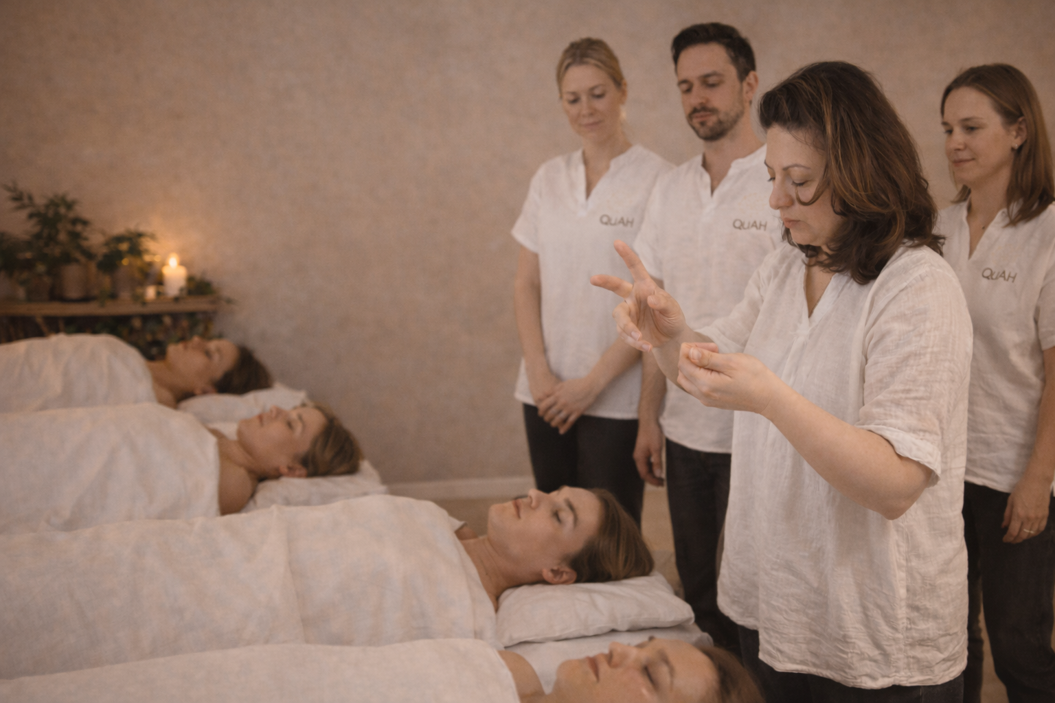 Group of people receiving quantum healing training with a  Olga Awaken explaining techniques.