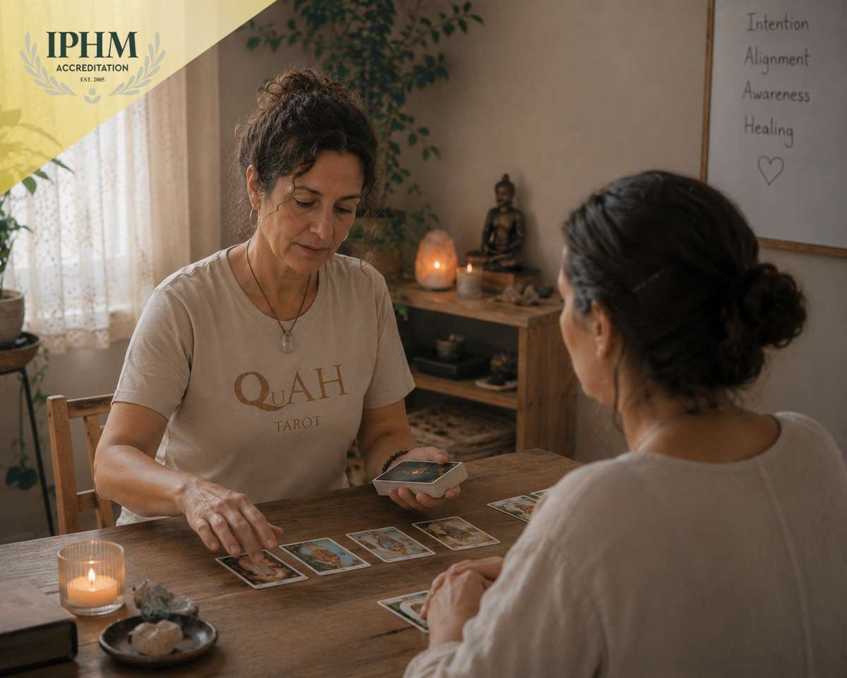 Woman practising Tarot card reading during an online Tarot training course with QuAH Academy